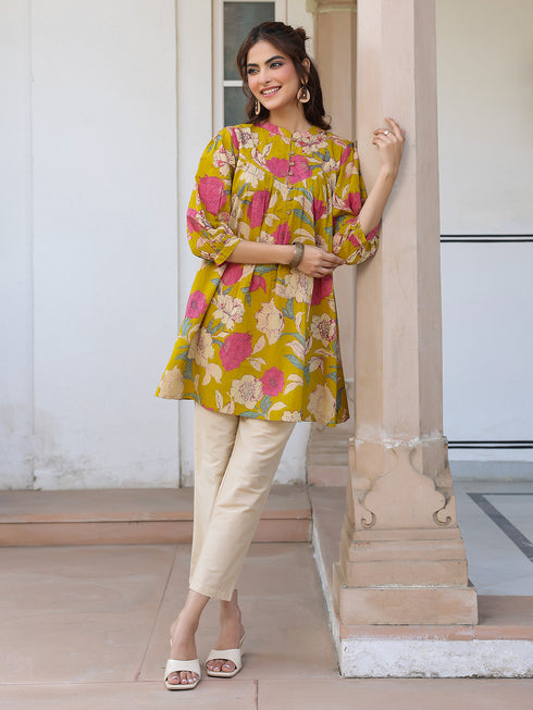 Mustard Pure Cotton Floral Printed A-line Tunic